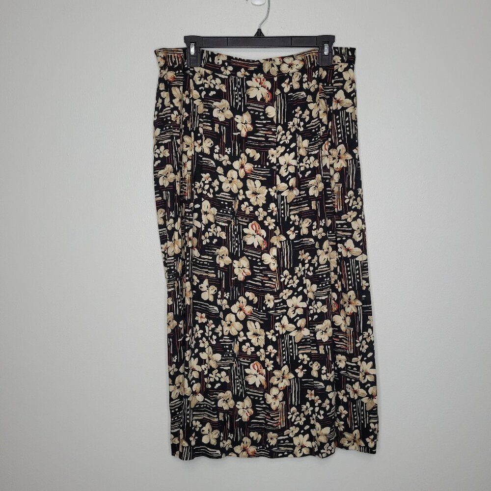 Vintage 90s Bentley black tan grunge tropical floral print midi skirt size 18w